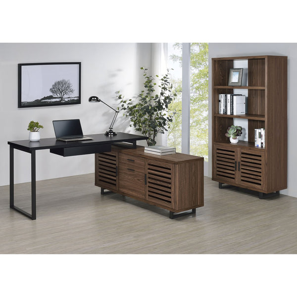 English Elm Rodger Black and Walnut L-Shape Computer Desk with Credenza, Slatted Doors, Drawers, Spacious Workstation B062P378334