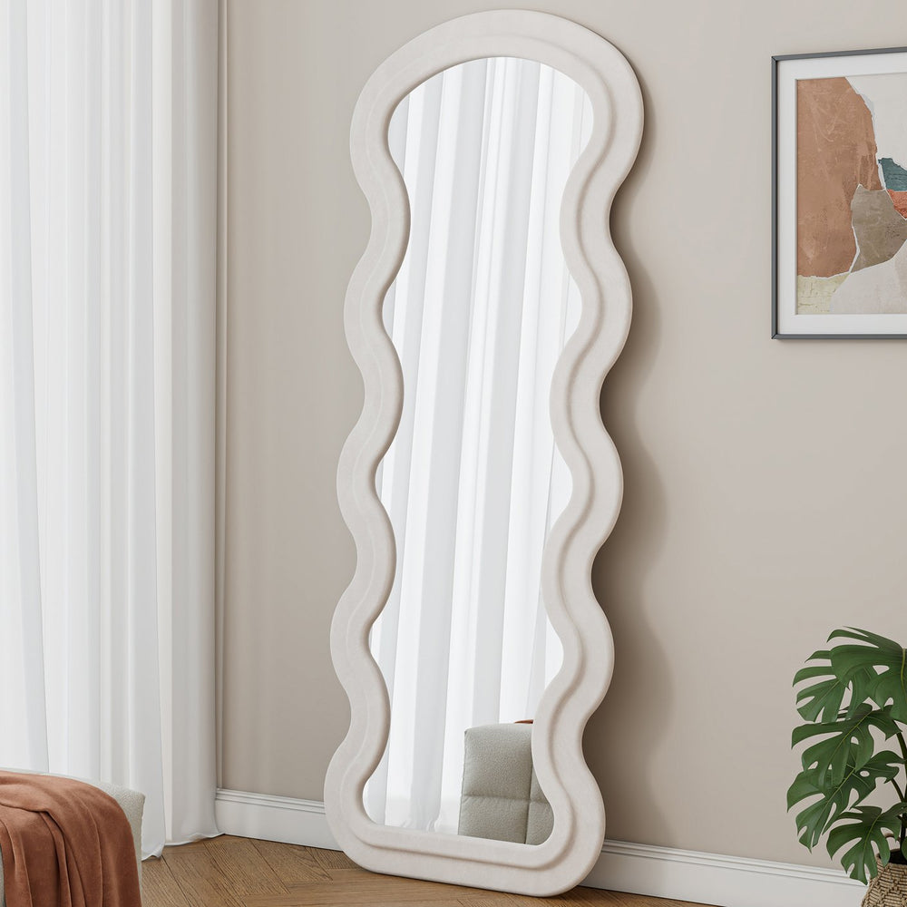 English Elm Flannel Wave Full-Length Floor Mirror with Padded Frame and Stand — Soft Fabric, Shatter-Resistant Design Cream White W347P235490