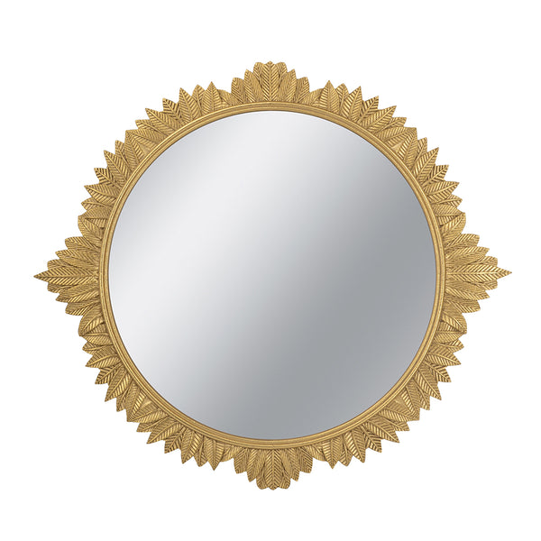 English Elm 35.5x31.5" Round MDF Wall Mirror with Rococo Carved Frame, Soft Gold Finish for Neoclassical Flair W2078P372552