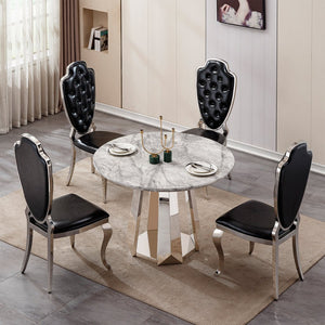 English Elm 47" Round Marble Dining Table - Elegant High Gloss Faux Marble Top & Durable Stainless Steel Base W3456S00008