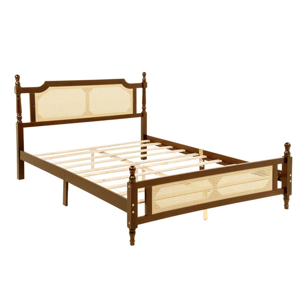 English Elm Queen Pine Bed with Rattan Headboard & Footboard, Walnut Finish, Space-Saving Central Platform Design W504P269833