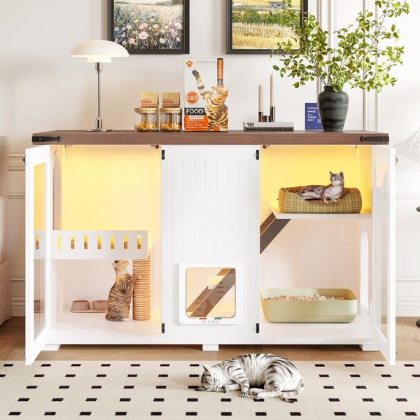 English Elm 47.25" Modern Cat Litter Box Enclosure with LED, Stairs & Scratcher, Smart Door Cabinet Side Table N704P270707K