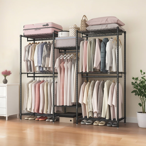 English Elm Heavy Duty Garment Rack — Adjustable 8 Shelves & 5 Rails Freestanding Closet Organizer, Black, Durable W3204P318297