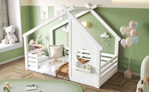 English Elm Twin House Bed Low Profile Pine Wood Frame with Shelf Montessori Kids Floor Sleeping White W5305P429642