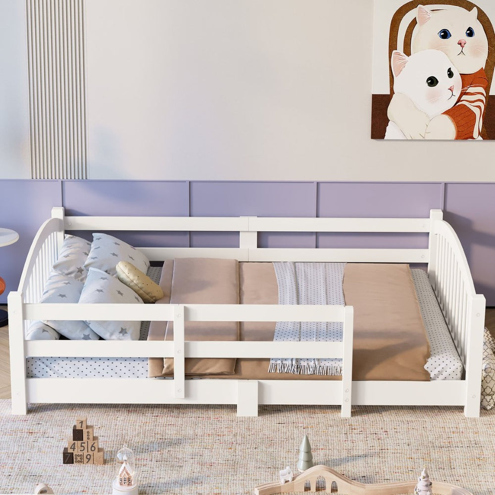 English Elm Full Montessori Pine Wood Floor Bed with Safety Rails Low Profile Kids Room Frame White N733P400299K