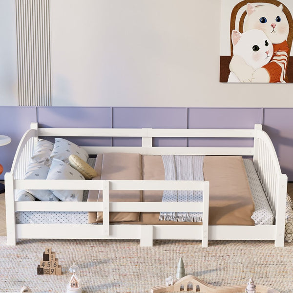 English Elm Full Montessori Pine Wood Floor Bed with Safety Rails Low Profile Kids Room Frame White N733P400299K