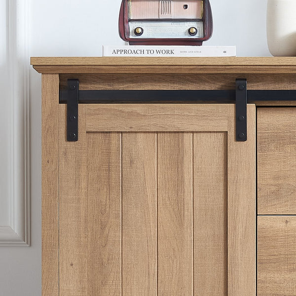 English Elm 5 Drawer Dresser with Sliding Barn Door — Farmhouse Modern MDF Chest with Metal Handle, Adjustable Shelves, Spacious Top Oak W2275P206614