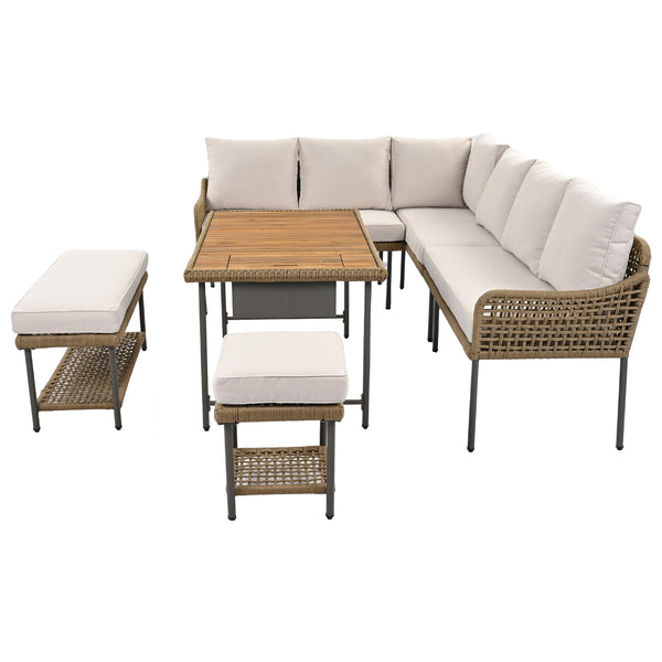 English Elm K&K 6-Piece Rope Patio L-Shaped Sectional Set with Acacia Wood Ice Box Table and Deep Cushions Beige+Brown N707S000014Z