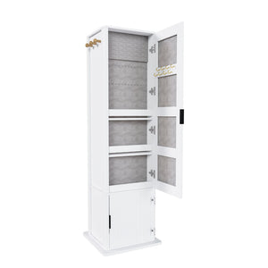 English Elm 360° Rotating Tower Cabinet with Full Length Mirror Open Shelving and Jewelry Storage White W509P456172