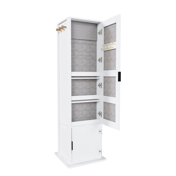 English Elm 360° Rotating Tower Cabinet with Full Length Mirror Open Shelving and Jewelry Storage White W509P456172