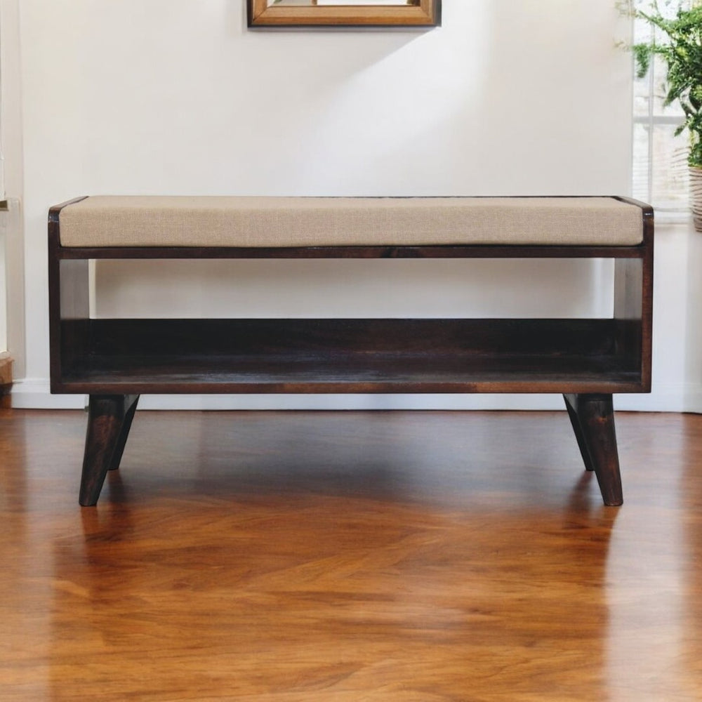 English Elm Solid Wood California Walnut Bench With Mud Linen Cushion, Stylish Nordic Legs & Storage Shelf B182P279196-GIGA