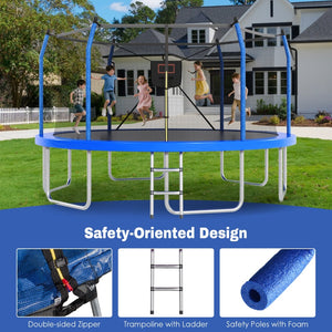 English Elm 16ft Round Outdoor Trampoline Galvanized Steel Frame Basketball Hoop Safety Net Blue N739S000004C
