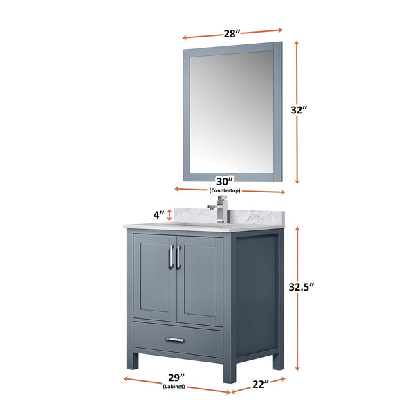 English Elm Dark Grey Bath Vanity Set With Carrara Marble Top, Chrome Faucet & Matching 28" Mirror - Stylish Upgrade! B2731S01250