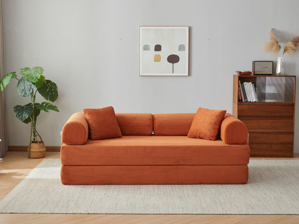 English Elm 78.8" Corduroy Modular Floor Sofa Convertible Sleeper Futon with Pillow Back Support Orange W5617P455986