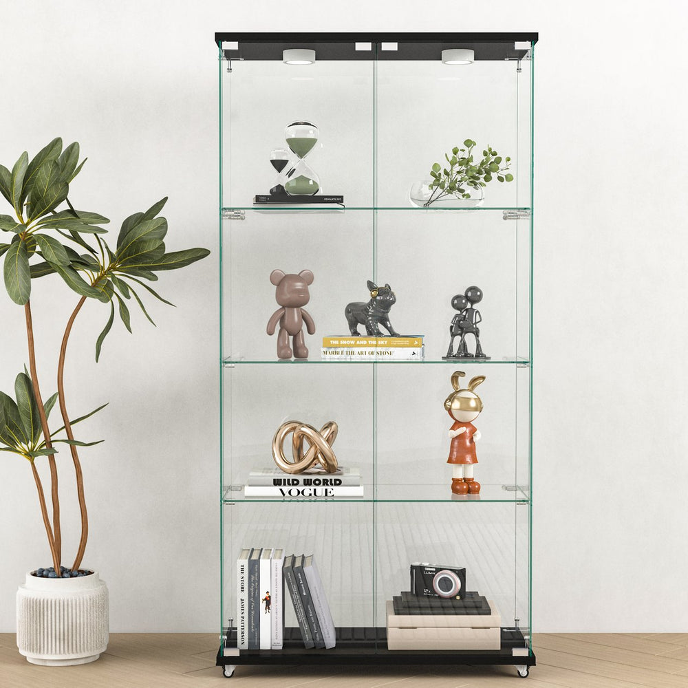 English Elm Modern Tempered Glass Display Cabinet With Led Lights - 2-Door, 4-Shelf Antique Style For Home & Retail W241S00055