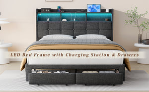 English Elm Queen LED Bed Frame with Linen Headboard, 2 Drawers, Fast Charging Ports, Remote RGB Nightlight W1550P190362