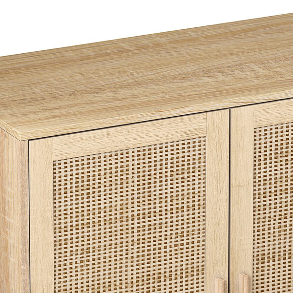 English Elm 62.20"Elegant 4-Door Rattan Storage Cabinet with Solid Wood Legs, Spacious Shelves & Easy Assembly Natural W757P190066