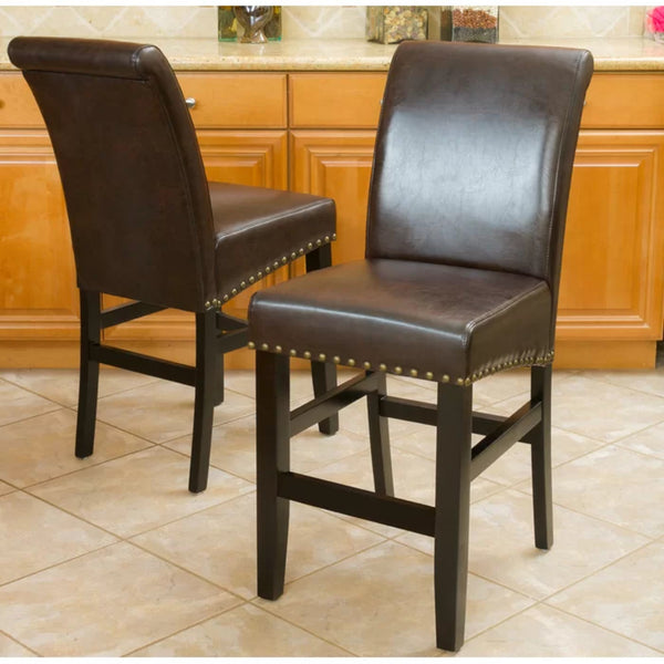 English Elm Christopher Knight Home® - 25.5'' Upholstered Counter Stool Set of 2 in Brown Leather with Solid Wood Frame, Nailhead Trim, Cushioned Comfort 74506.00