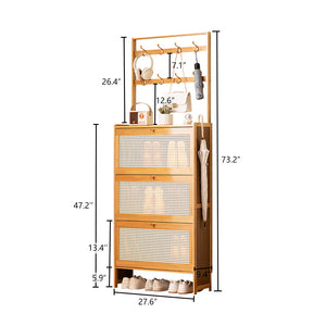 English Elm Shoe Bamboo 3-Drawer Rattan Flip Shoe Cabinet with 8 Hooks, Anti-Tip Entryway Storage Organizer W2641P381049