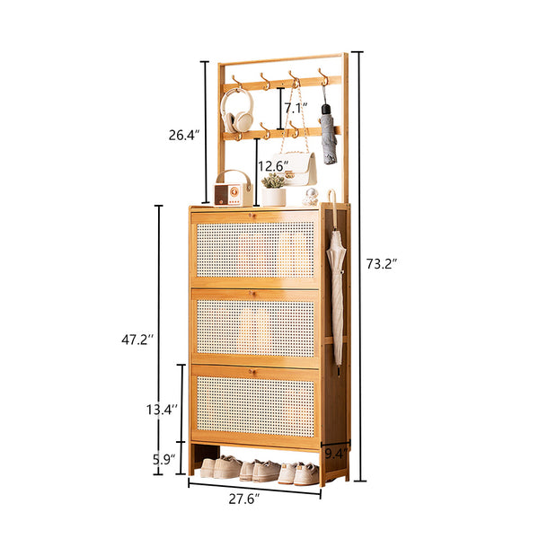 English Elm Shoe Bamboo 3-Drawer Rattan Flip Shoe Cabinet with 8 Hooks, Anti-Tip Entryway Storage Organizer W2641P381049