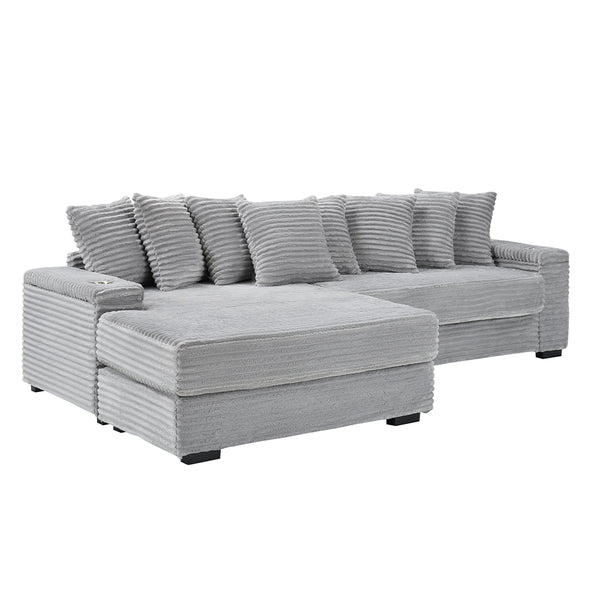 English Elm 111.4 Corduroy L-shaped Sofa with Chaise, Cup Holder & Storage Armrest, Solid Wood Frame, 500lb Capacity Gray W1658S00132