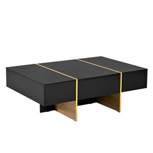 English Elm ON-TREND 47.2" x 31.4" High-Gloss Minimalist Coffee Table with 2 Drawers, Golden Wood-Grain Legs, Modern Centerpiece for Living Room Black N721P180693B