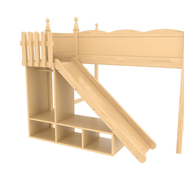 English Elm Queen Solid Pine Loft Bed with Wardrobe Shelves Detachable Slide and Dual Sleeping Zones Natural W5305S00027