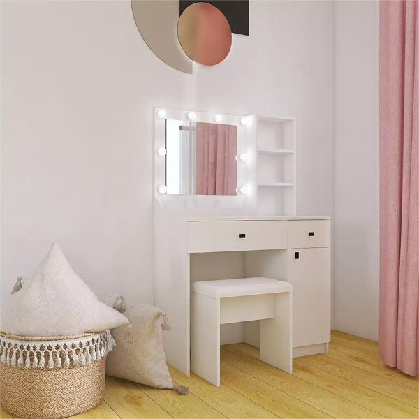 English Elm Vanity LED Makeup Desk with 3-Mode Mirror, Adjustable Brightness, Large Drawers & Shelves White W2139P194436