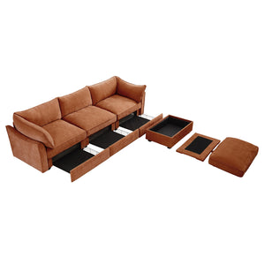 English Elm L-Shaped 3-Seater Sectional Sofa With Movable Ottoman, Chenille Orange, Smart Storage & Comfort W3041S00206