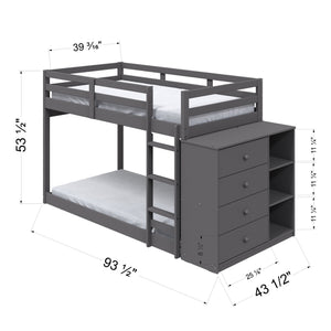 English Elm Gaston Gray Twin/Twin Bunk Bed with 4 Drawers & 3 Compartments, Slats, Fixed Ladder, 34" Clearance B2726S00490