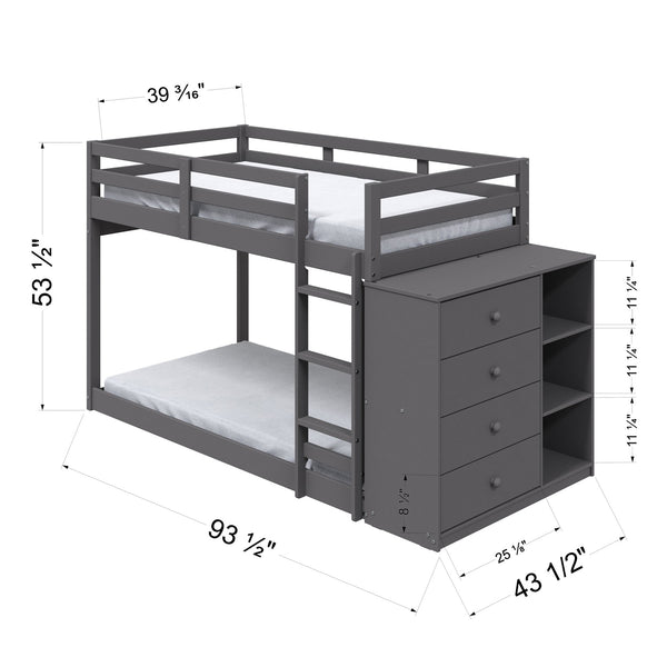 English Elm Gaston Gray Twin/Twin Bunk Bed with 4 Drawers & 3 Compartments, Slats, Fixed Ladder, 34" Clearance B2726S00490