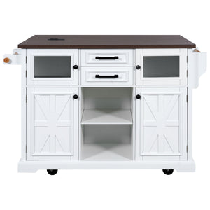 English Elm K&K 54.9" Farmhouse Kitchen Island Cart with Drop Leaf, Charging Station, Barn Doors & Glass Pane White N707P300277W