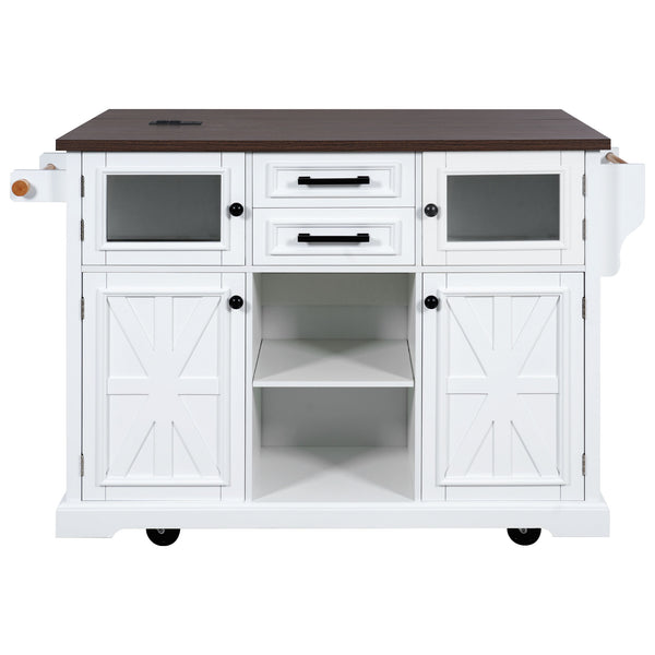 English Elm K&K 54.9" Farmhouse Kitchen Island Cart with Drop Leaf, Charging Station, Barn Doors & Glass Pane White N707P300277W