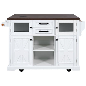 English Elm K&k Farmhouse Rolling Kitchen Island with Barn Doors Power Outlet and Drop Leaf White N707S300277W