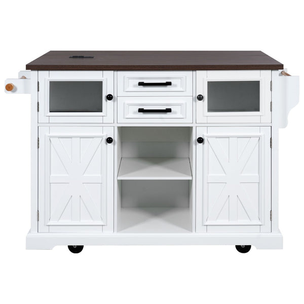 English Elm K&k Farmhouse Rolling Kitchen Island with Barn Doors Power Outlet and Drop Leaf White N707S300277W