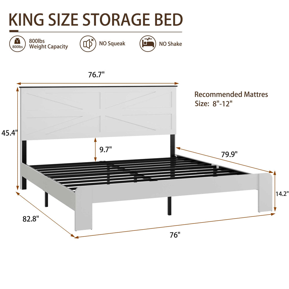 English Elm King Modern Wood Platform Bed Frame with Mi-Shape Headboard, Noise-Free, No Box Spring, White — Spacious Under-Bed Storage & Easy Assembly W636P305748