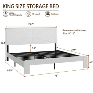 English Elm King Modern Wood Platform Bed Frame with Mi-Shape Headboard, Noise-Free, No Box Spring, White — Spacious Under-Bed Storage & Easy Assembly W636P305748