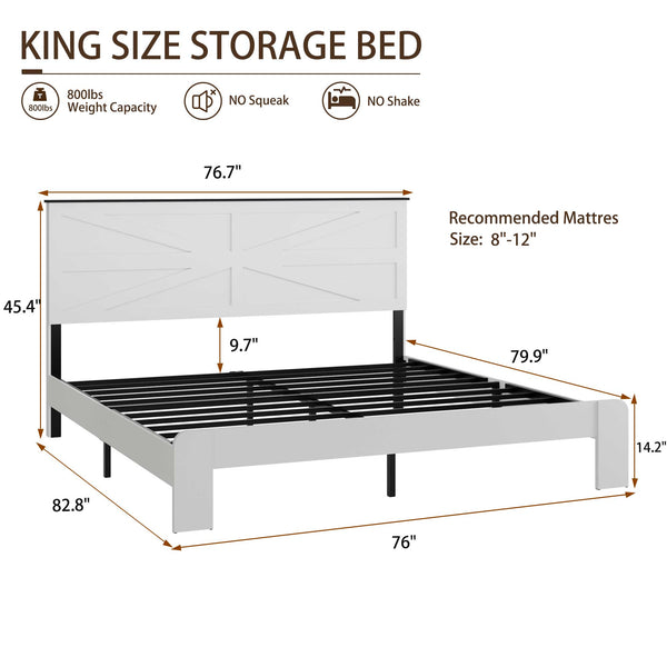 English Elm King Modern Wood Platform Bed Frame with Mi-Shape Headboard, Noise-Free, No Box Spring, White — Spacious Under-Bed Storage & Easy Assembly W636P305748