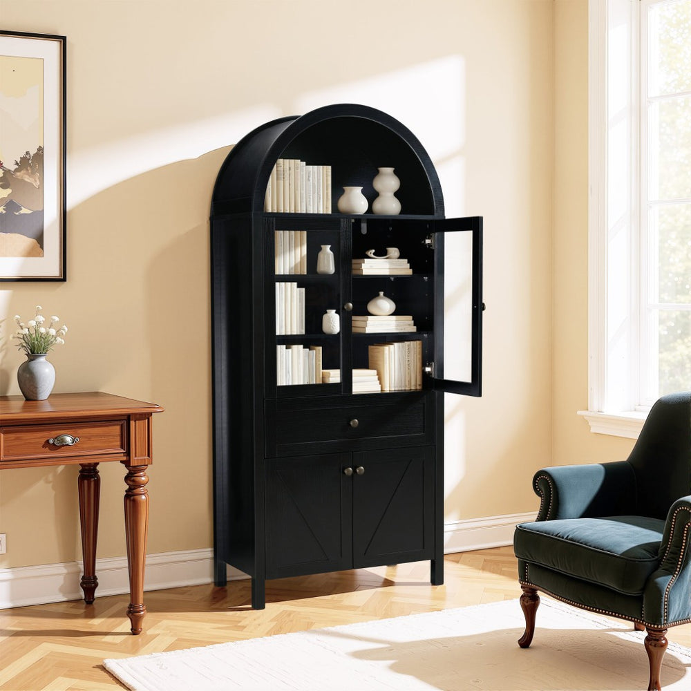 English Elm Dome Top Apothecary Cabinet Antique Inspired Tall Storage with Arched Silhouette Black W1785S00002
