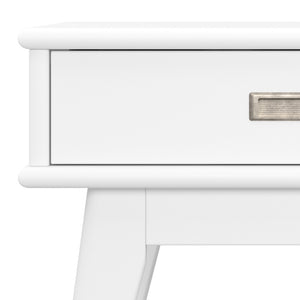 English Elm Draper Mid Century End Table White Solid Rubberwood 22"H | Drawer with Antique Brass Pull, Tapered Legs B136P203447