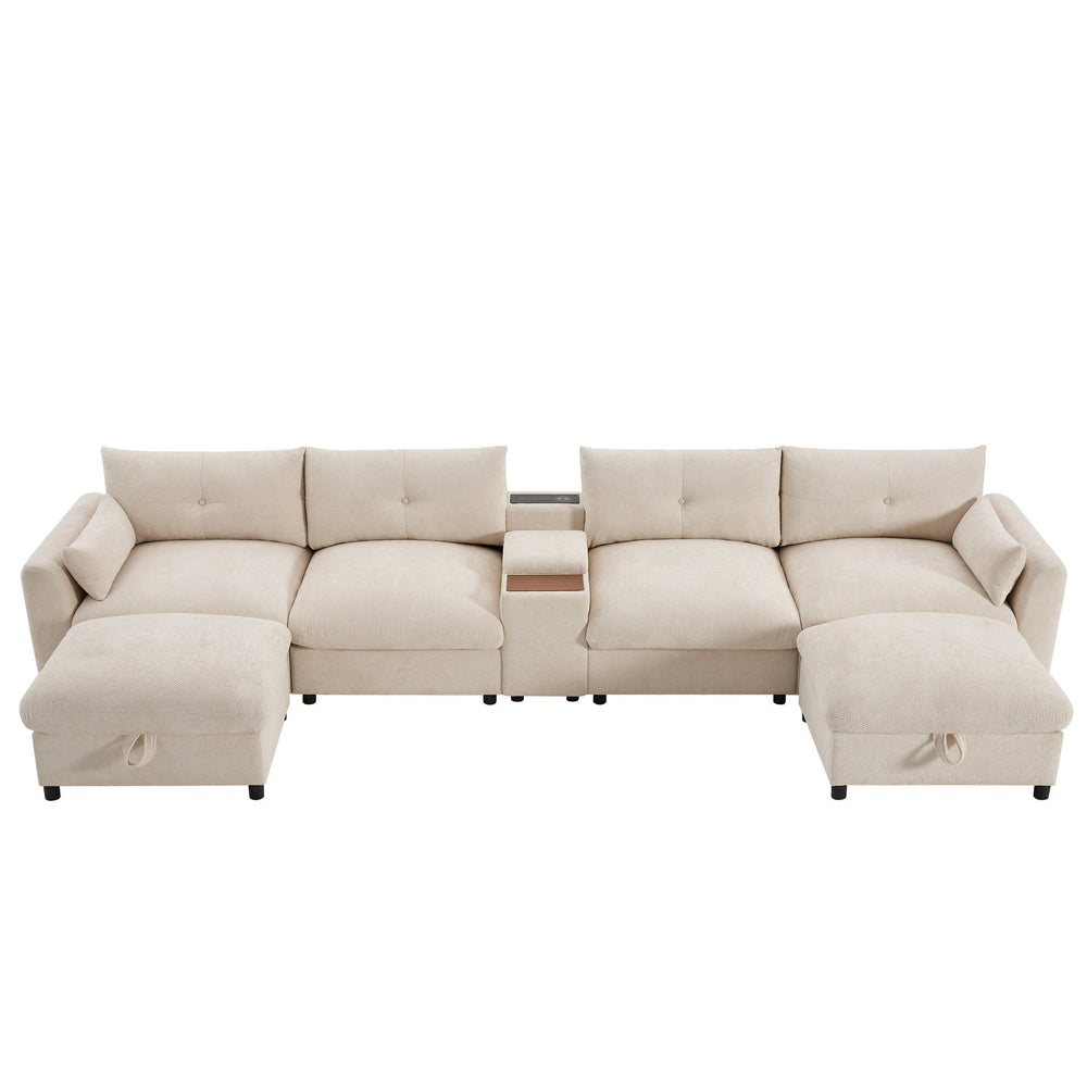 English Elm 136'' Modular Sectional Sofa with Console, USB Charger, Cup Holders, Movable Storage Ottoman, Oversized Chenille U-Shaped Lounge Beige N723S8777A