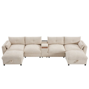 English Elm 136'' Modular Sectional Sofa with Console, USB Charger, Cup Holders, Movable Storage Ottoman, Oversized Chenille U-Shaped Lounge Beige N723S8777A