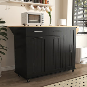 English Elm K&K Kitchen Island with Drop Leaf, Rolling Storage Cart with 3-Tier Pull-Out Organizer, Durable Wood Countertop Black WF531421AAB