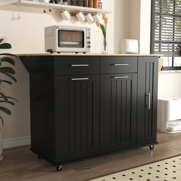 English Elm K&K Kitchen Island with Drop Leaf, Rolling Storage Cart with 3-Tier Pull-Out Organizer, Durable Wood Countertop Black WF531421AAB
