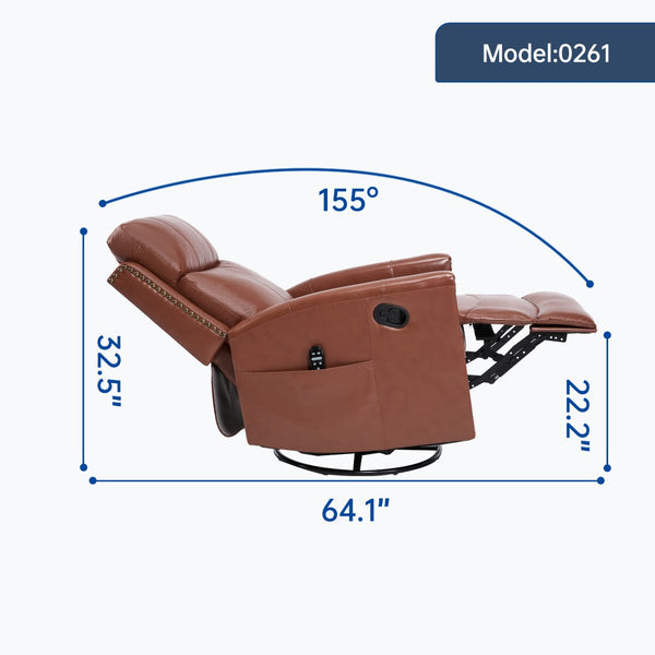 English Elm Red Genuine Leather Swivel Rocker Recliner with Massage Heat for Living Room W1803P323709