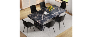 English Elm Table and Chair Set 7 Piece Black Marble Mdf Dining with Pu Leather Seating W1151S04135