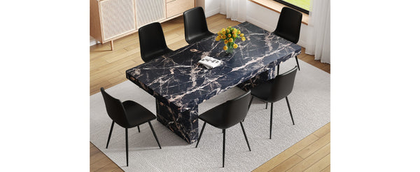 English Elm Table and Chair Set 7 Piece Black Marble Mdf Dining with Pu Leather Seating W1151S04135