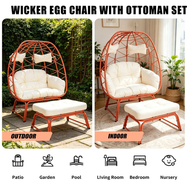 English Elm Double Egg Chair Wicker Outdoor Lounge Set with Ottoman and Weather Resistant Cushions T5880P501489