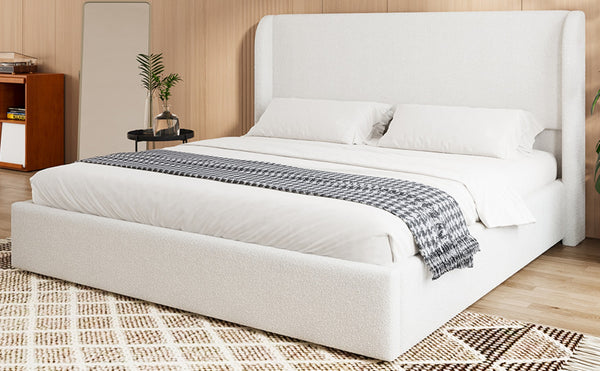 English Elm Queen Boucle Upholstered Wingback Bed Solid Wood Slats Cozy Bedroom Anchor W1670S00029