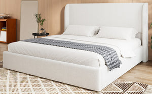 English Elm Queen Boucle Upholstered Wingback Bed Solid Wood Slats Cozy Bedroom Anchor W1670S00028